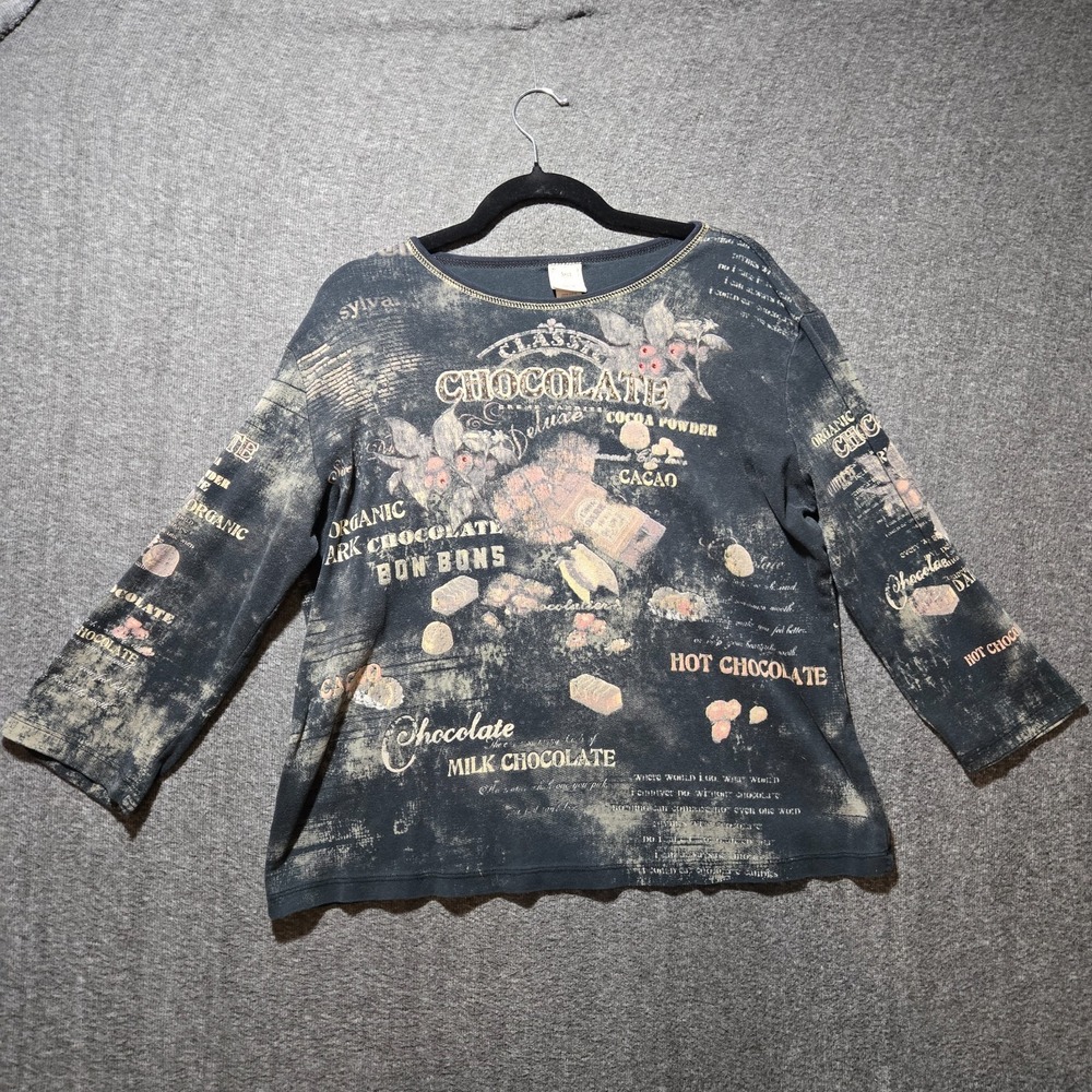 Jess & Jane Womens Chocolate Bar Graphic 3/4 Sleeve Cotton Top Black XL USA